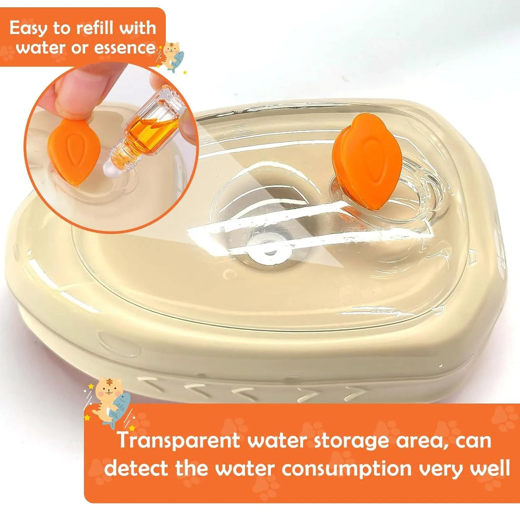 Yellow 4-in-1 cat steam brush with silicone teeth, water tank, and ringworm detector lamp.