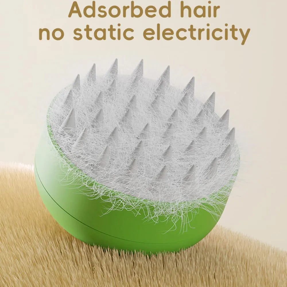 Green rechargeable cat steam brush with silicone bristles on a white background.