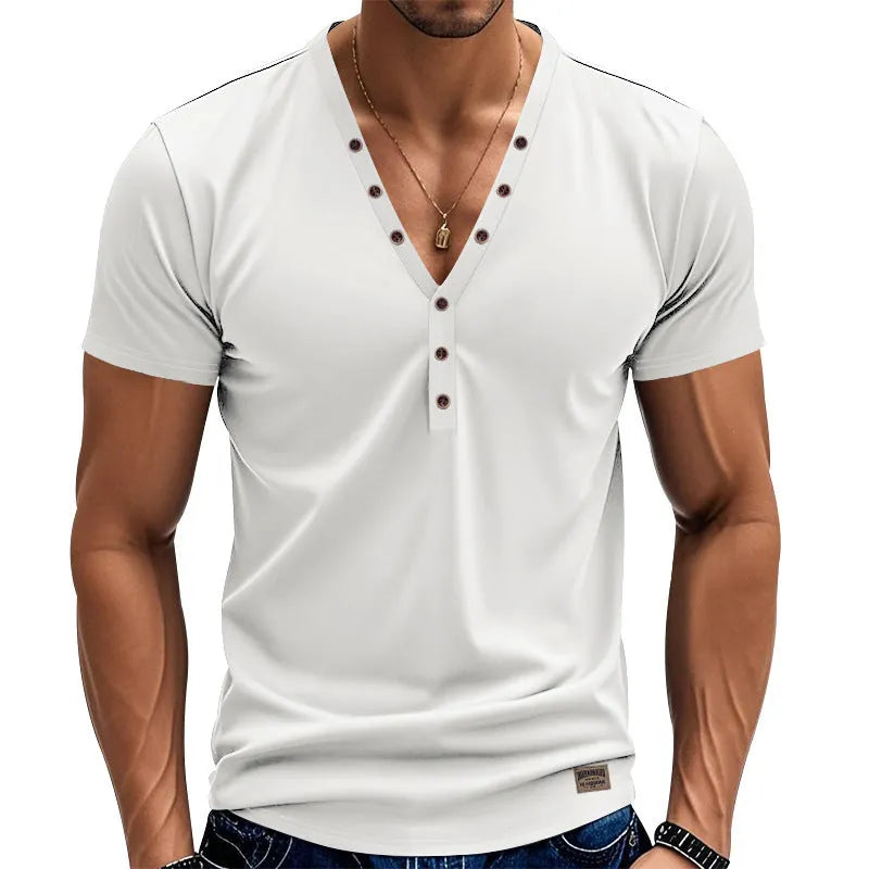 Men's loose V-neck pullover top with button detail in solid colour options