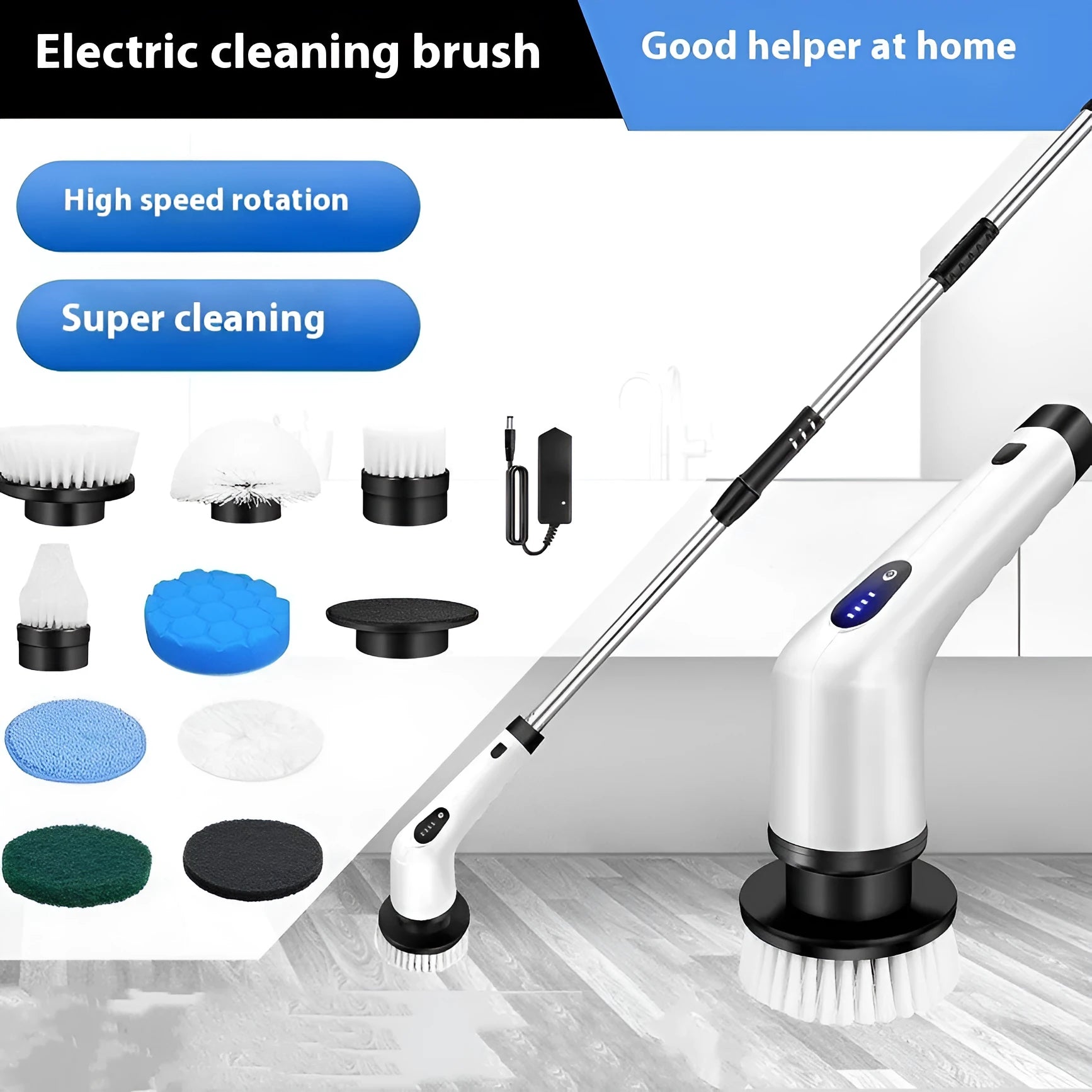 White rechargeable handheld cleaning brush with USB cable on a plain background