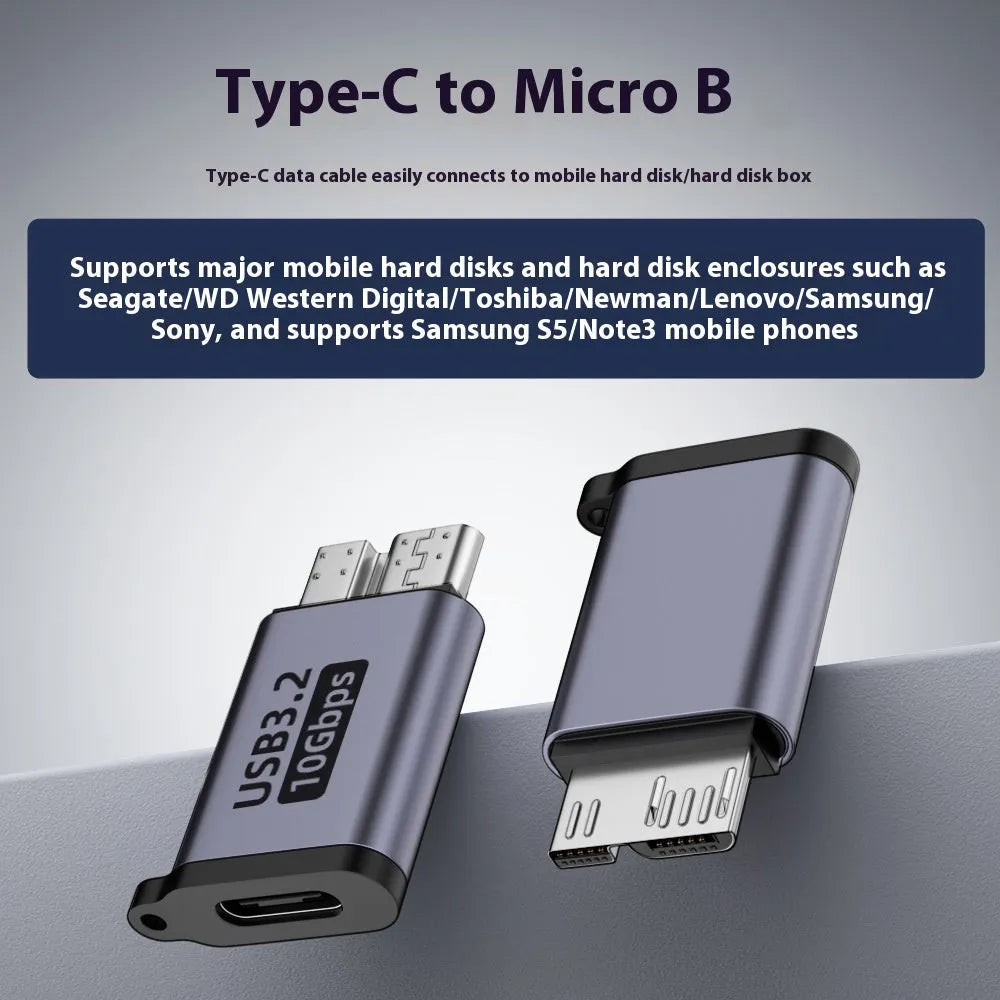 A Micro B adapter converter showing USB and Type-C to Micro B male connections for data transfer and charging.