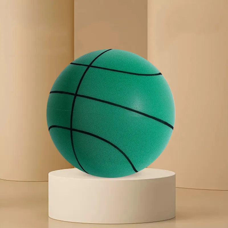 Assorted bright coloured silent high-density foam basketballs in different sizes with a basketball frame.