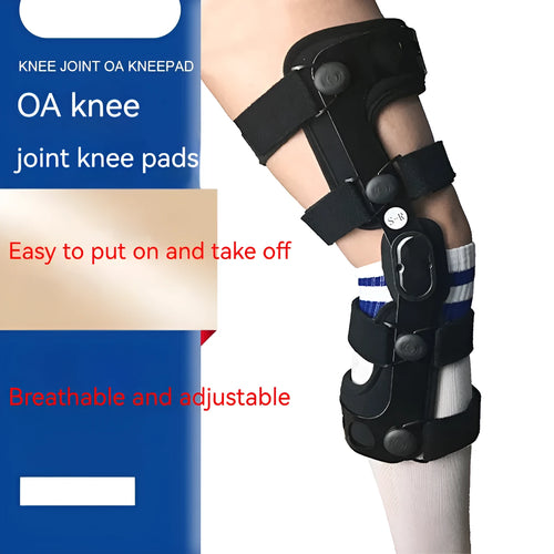 Black adjustable anterior ligament knee support with straps, shown on a leg.