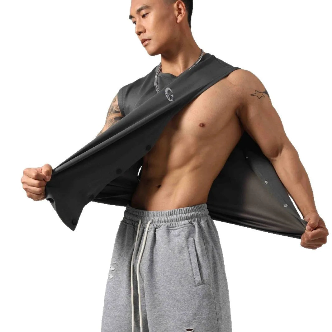 Korean style men's loose cotton fitness vest with hidden hook side openings for adjustable fit during workouts