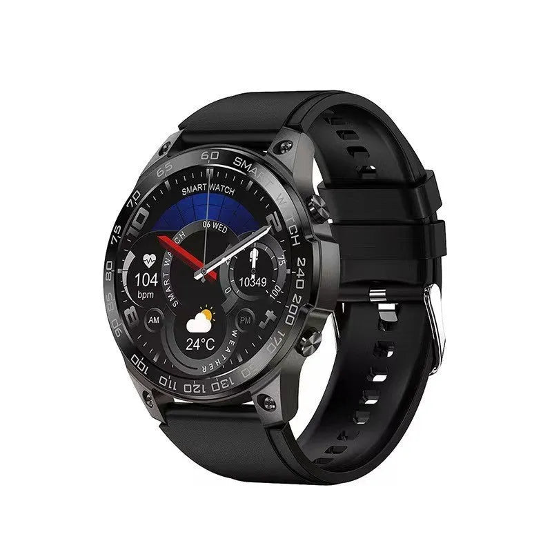 Bluetooth sports watch with circular AMOLED screen showing fitness data on silicone strap