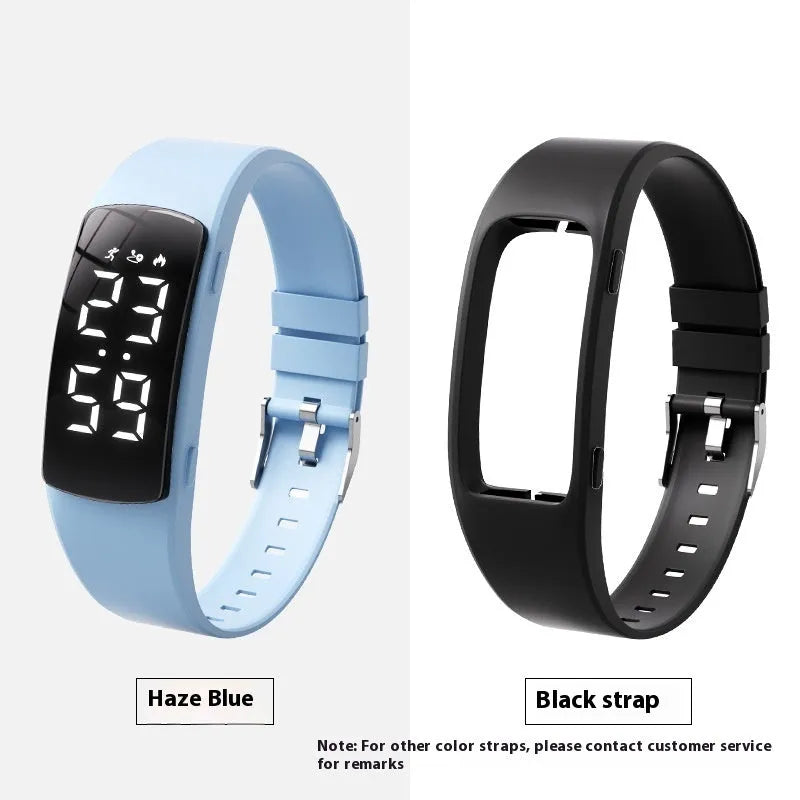 Waterproof vibration alarm clock watch with black silicone strap and LED display showing time