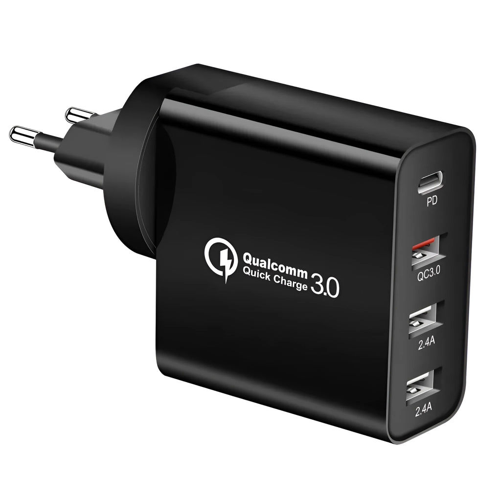 White 4-port fast charger with PD and QC technology showing UK plug