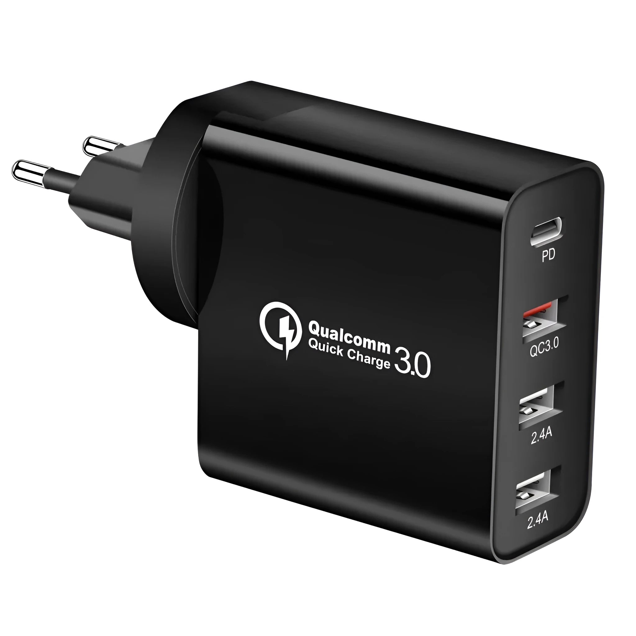 White 4-port fast charger with PD and QC technology showing UK plug