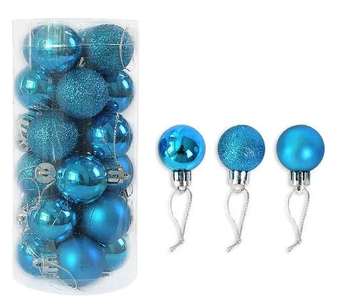 Assortment of shiny matte finish 3cm Christmas ball ornaments in gold, red, silver, and blue colours.
