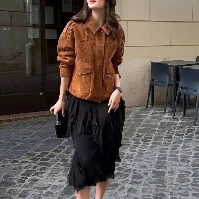 Women's brown suede street chic coat with regular sleeves