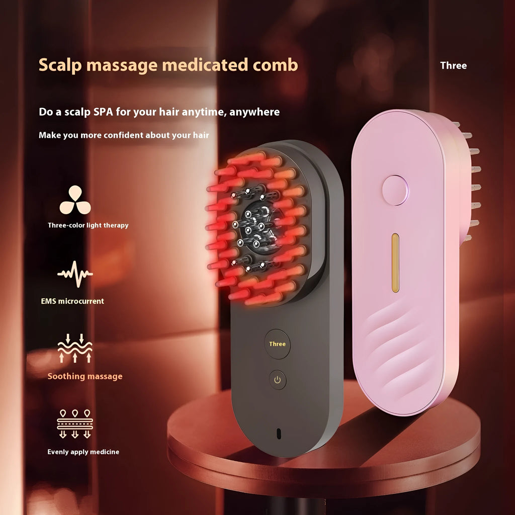 Smart massage comb with red light therapy function in pink or black colour options