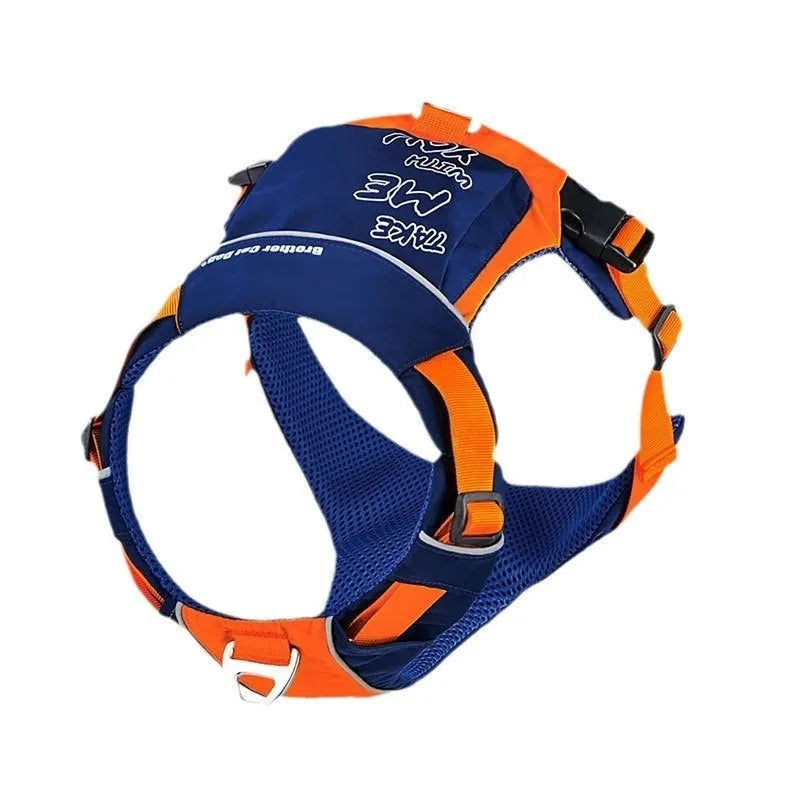 Orange blue nylon dog chest strap vest harness with hand rope attachment shown on dog