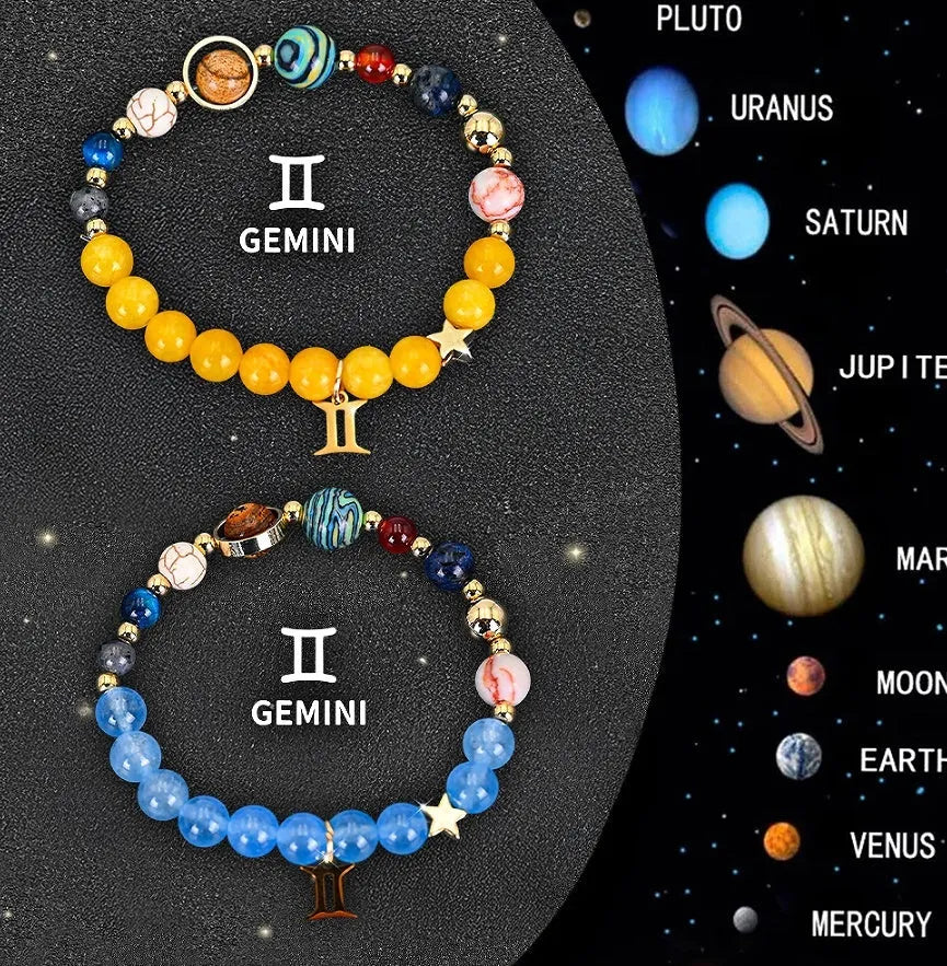Natural stone beaded bracelets for twelve zodiac signs in two-piece astrology jewellery set