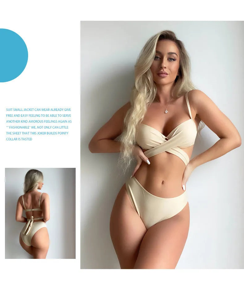 Three-piece backless push-up bikini set in creamy white colour with skirt component