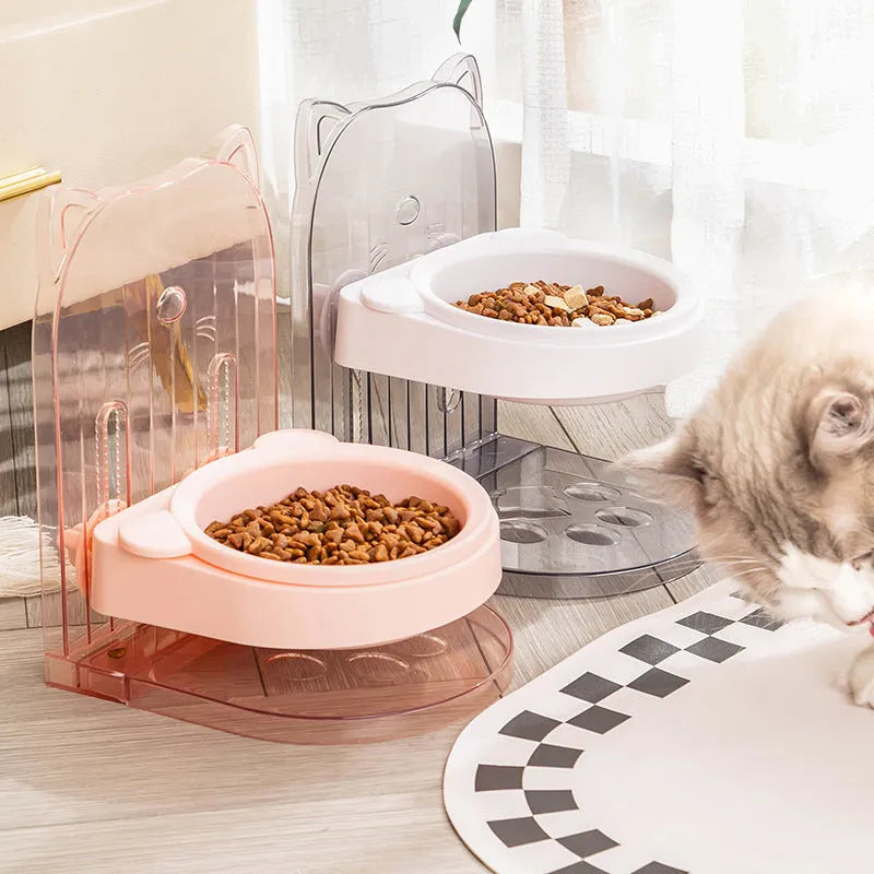 Adjustable height cat bowl with cat ear design in grey or pink, featuring anti-spill fixed hanging body for cages
