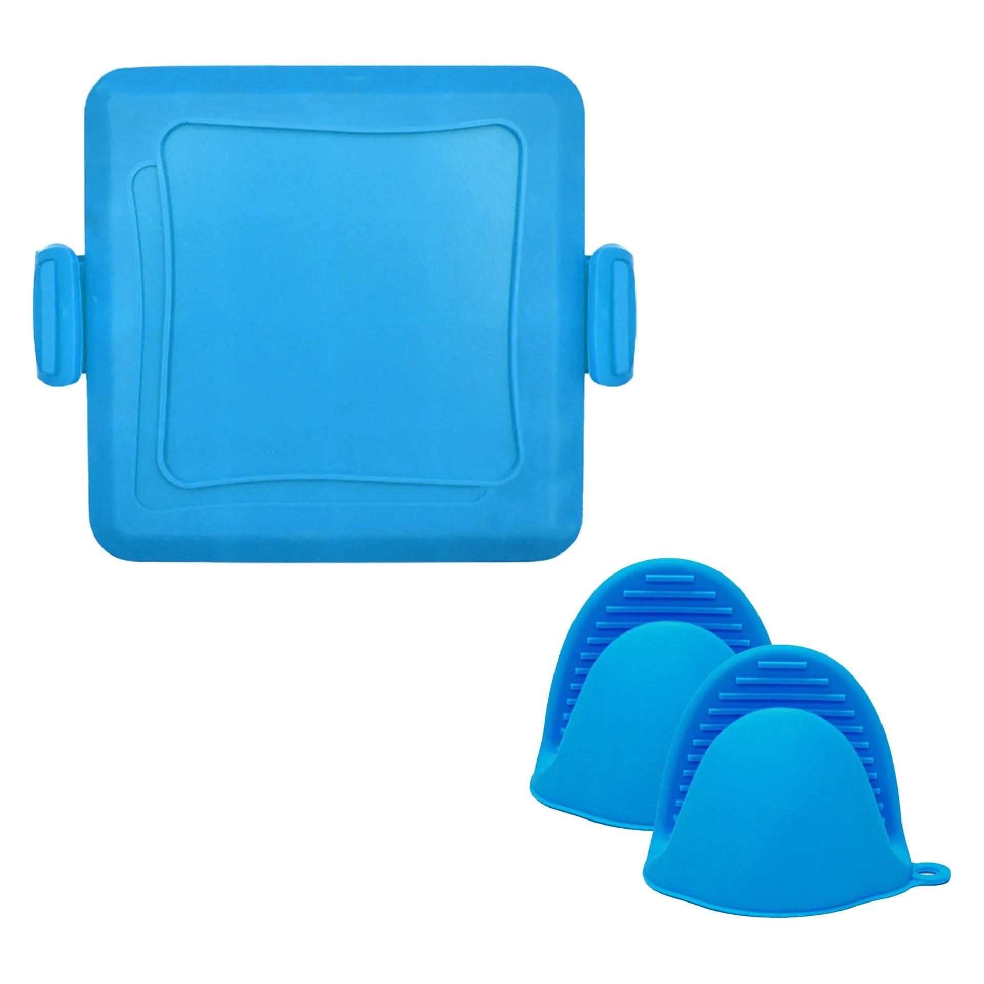 Red silicone baking tray with heat-resistant gloves on kitchen counter