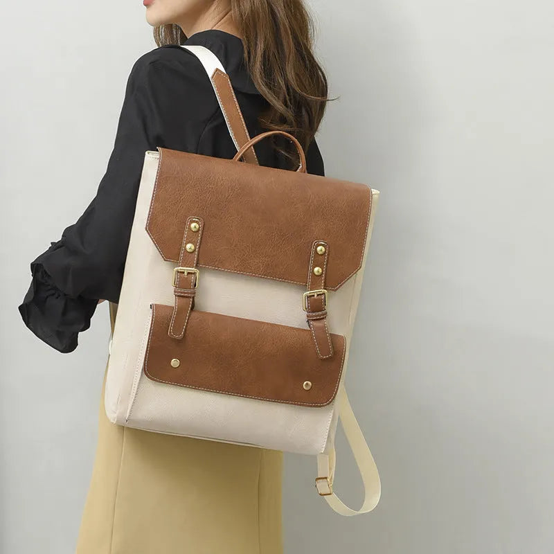 Korean style simple retro backpack in soft PU material shown in black, brown, creamy white, and dark brown colours.
