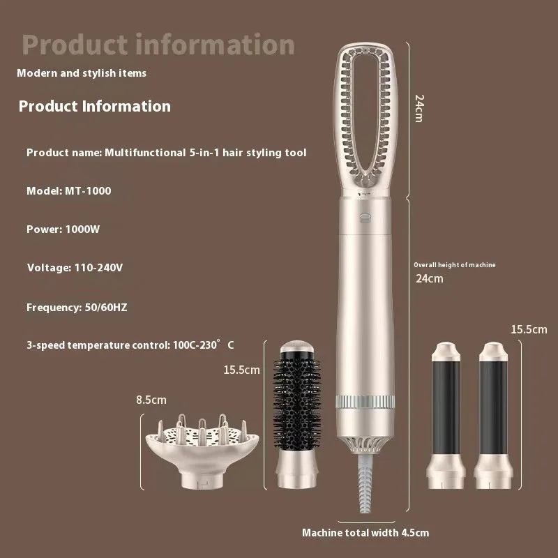 Champagne gold 5-in-1 hot air comb hair curler and straightener styling tool