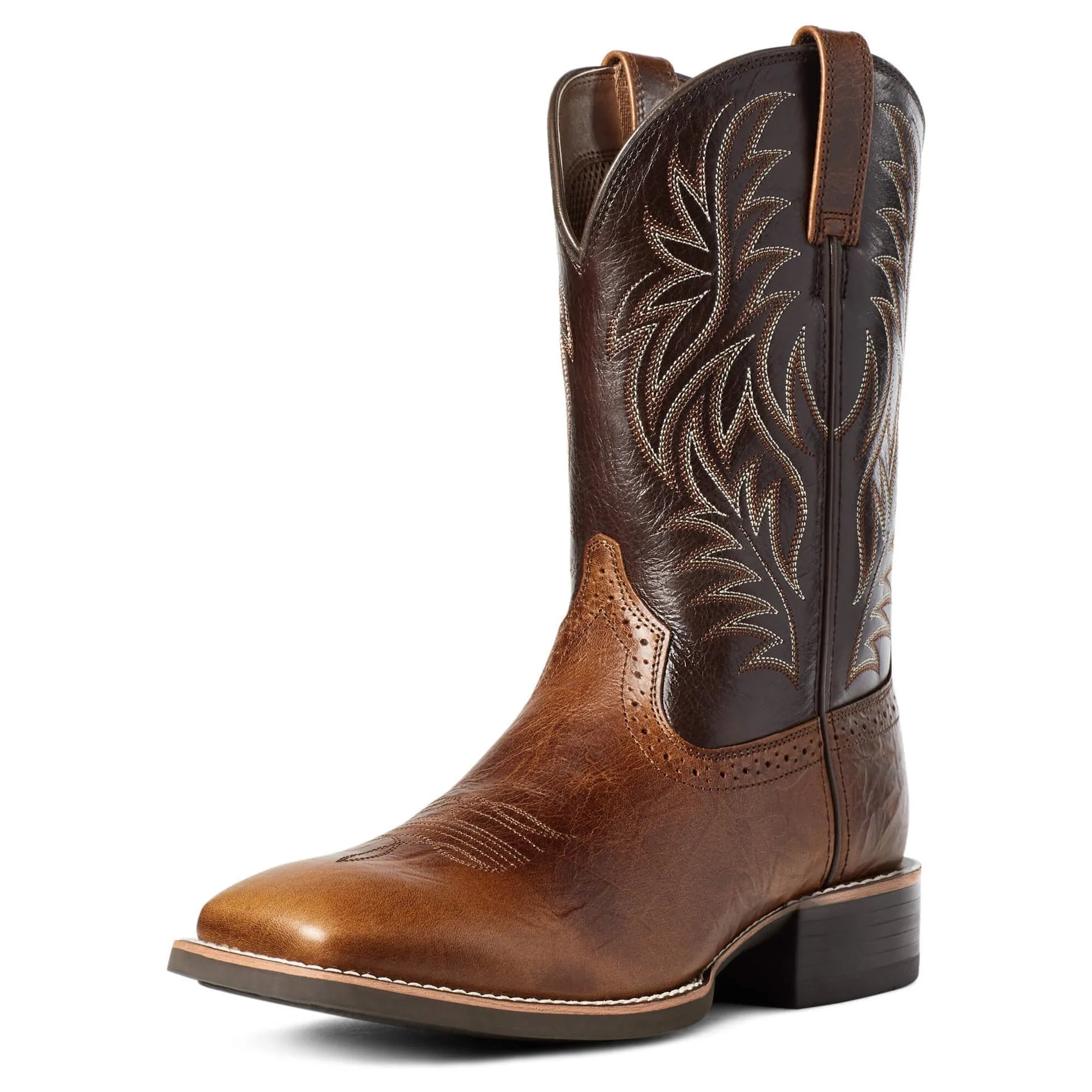 Black western cowboy boots with high embroidery stitching and square toe design