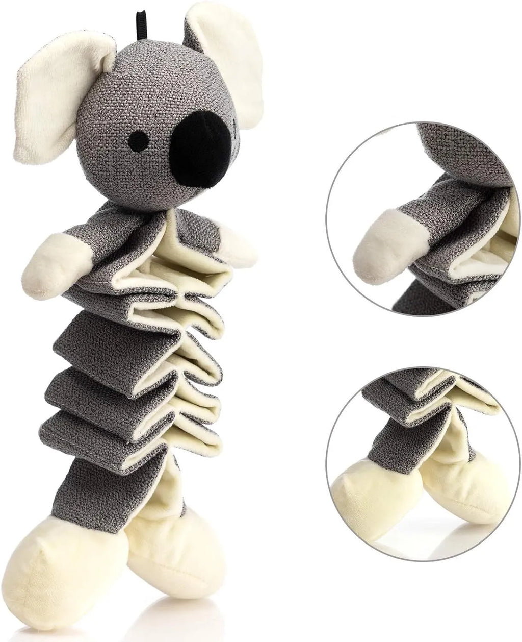 Grey koala plush dog toy measuring 30cm with crinkle paper squeaker and rope reinforcement