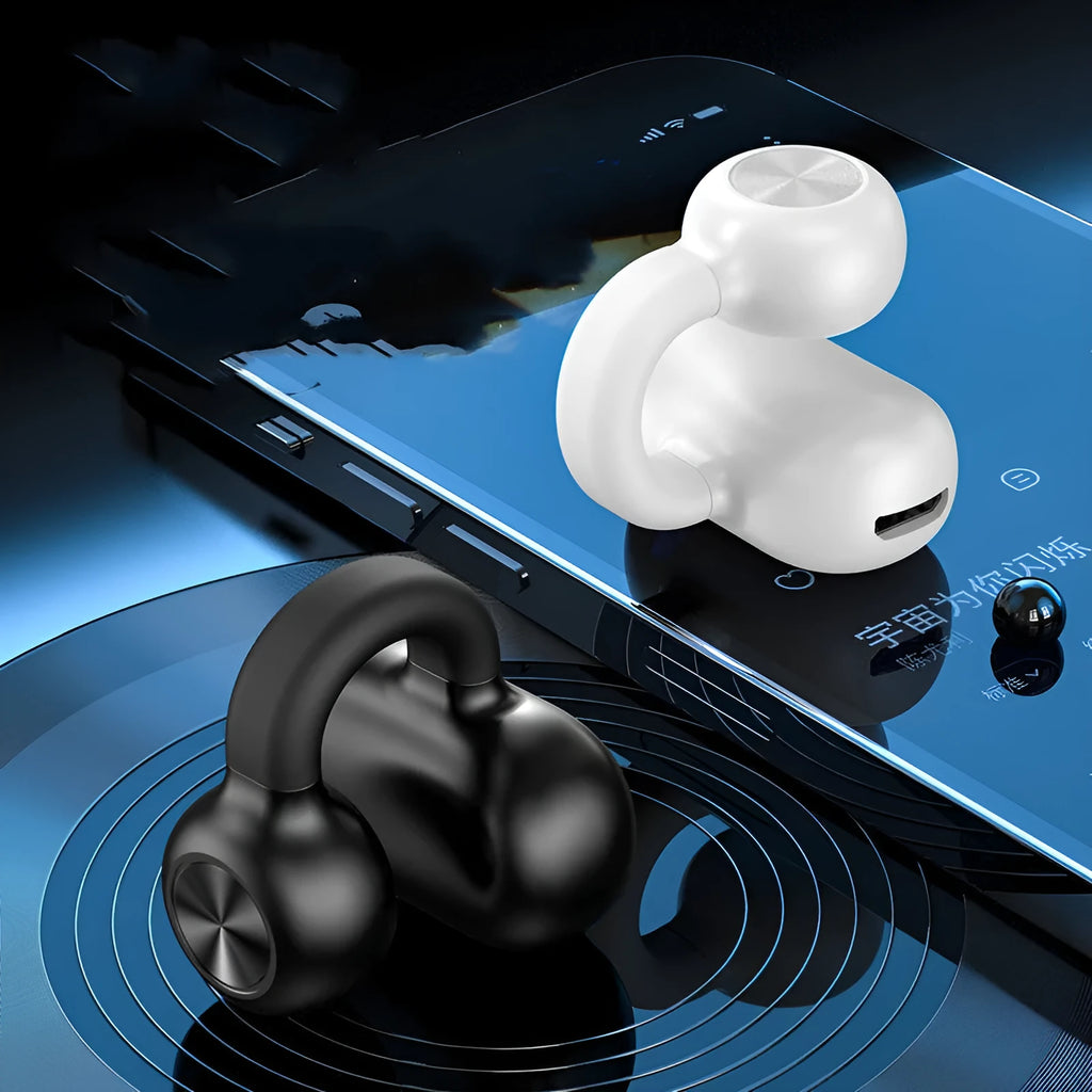 Wireless clip-on bone conduction earphones in black or white for exercise and hands-free calls