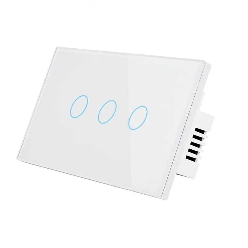 2-gang RF remote control touch light switch with tempered glass panel in white, black or gold finish