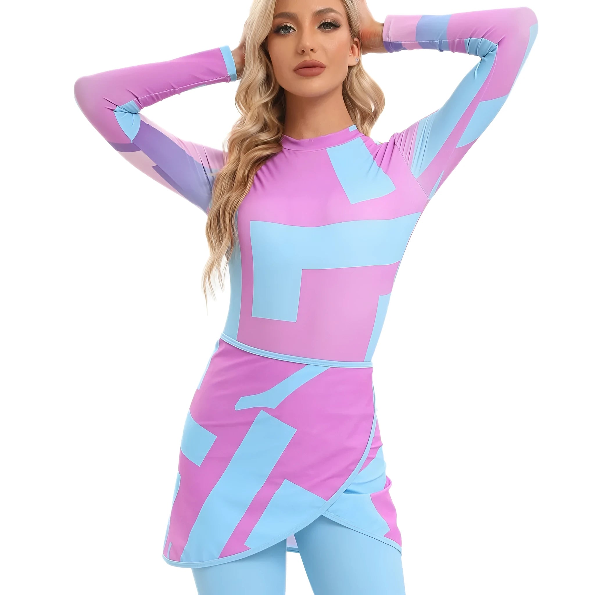 Conservative swimsuit three-piece set with apron in fresh pattern design