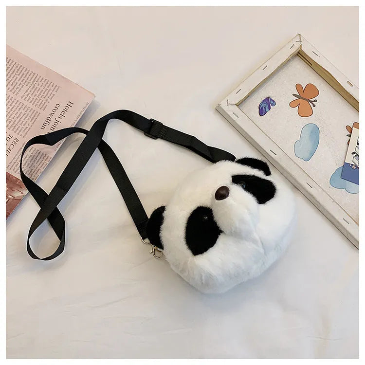 Plush panda head design crossbody shoulder bag with soft cylindrical shape