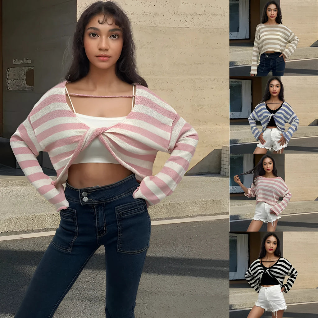 Striped long-sleeve women's pullover sweater in mercerised cotton showing exposed navel style.