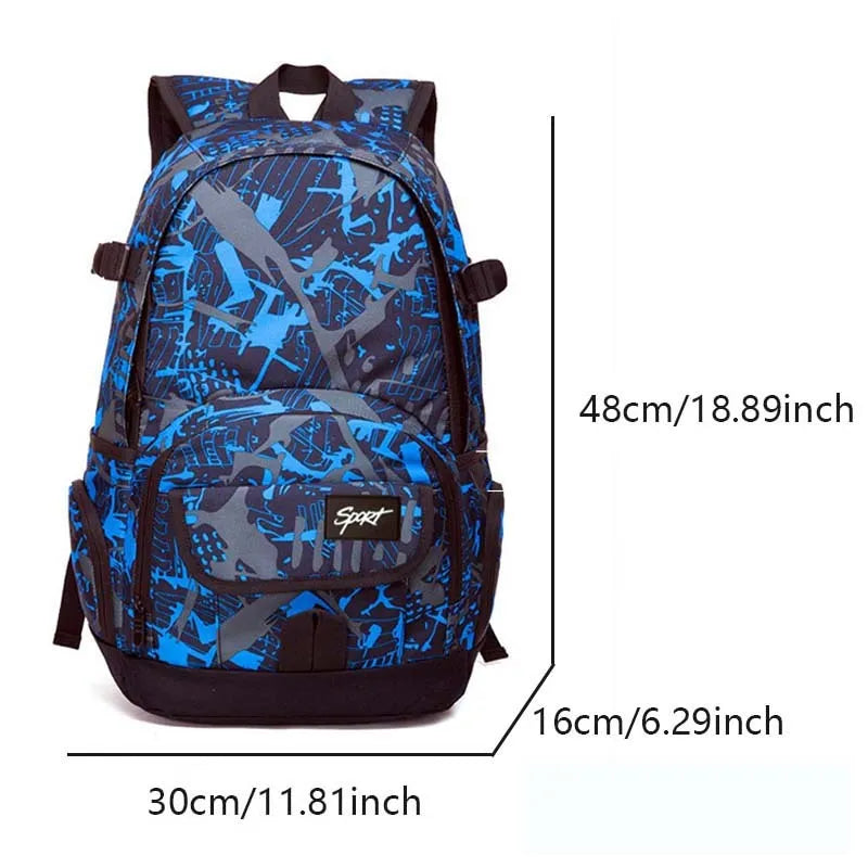 Blue large nylon backpack with adjustable straps on a plain background.