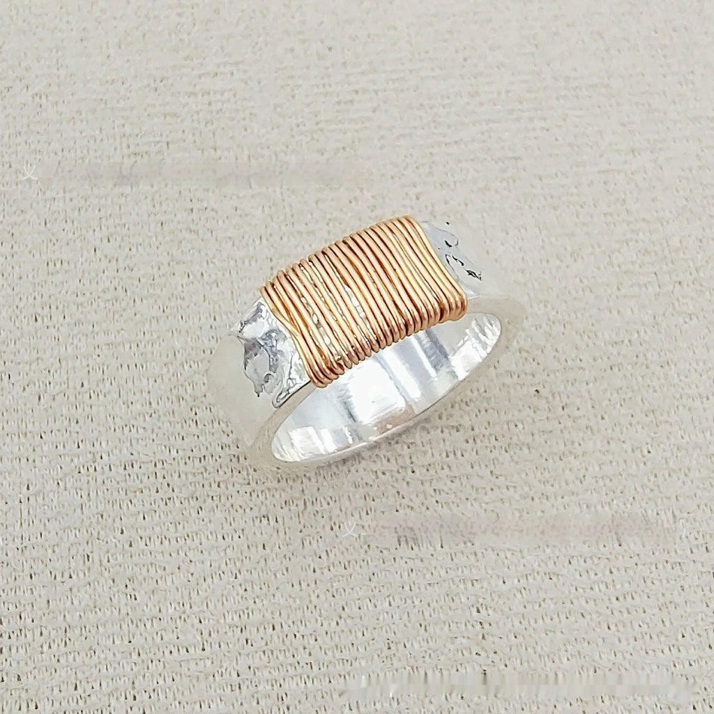 Copper simple bracelet with a geometric vintage ring design in a silver gold electroplated finish.