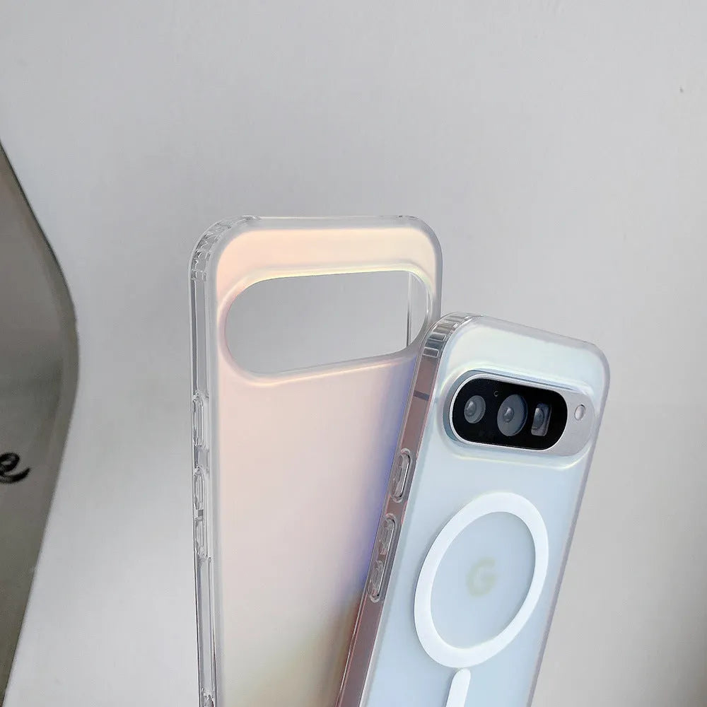 Colourful laser-frosted matte phone case for Google smartphones on a dark surface