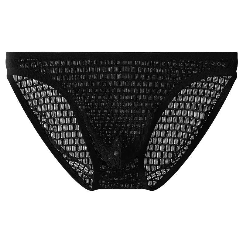Men's low waist transparent lace underwear in black with quick-drying nylon fabric