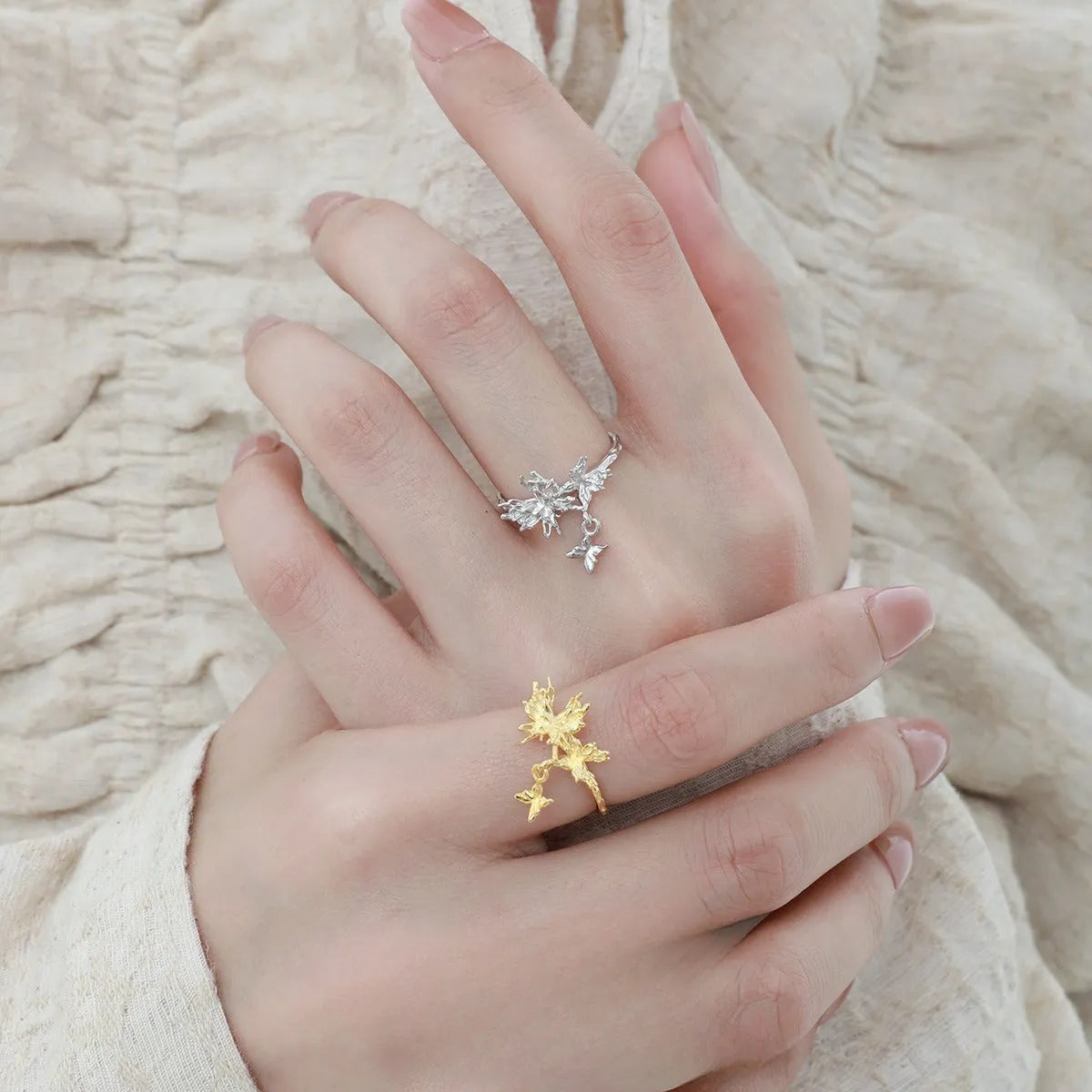 Adjustable silver butterfly ring with gold plating option for women