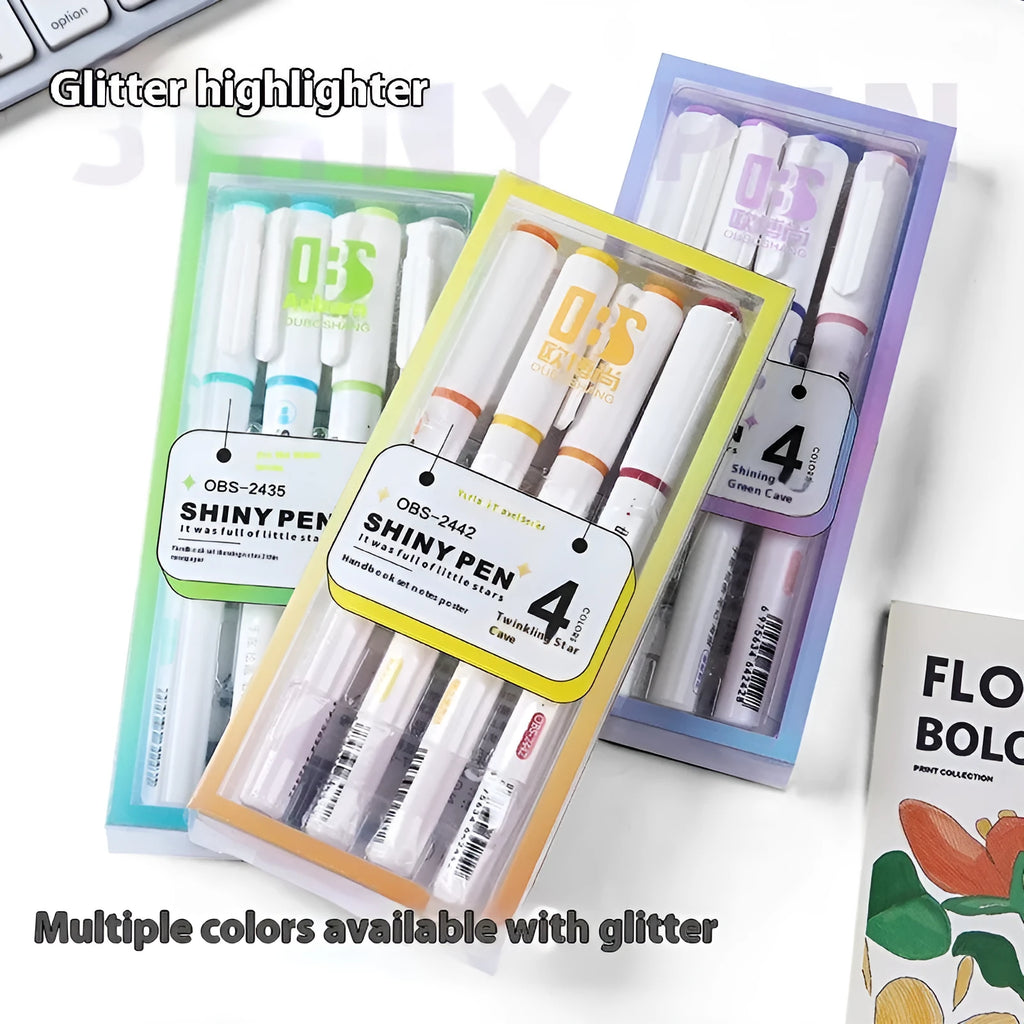 Set of four glitter highlighter pens with slanted tips showing six glitter ink colours including taro puff and mung bean smoothie