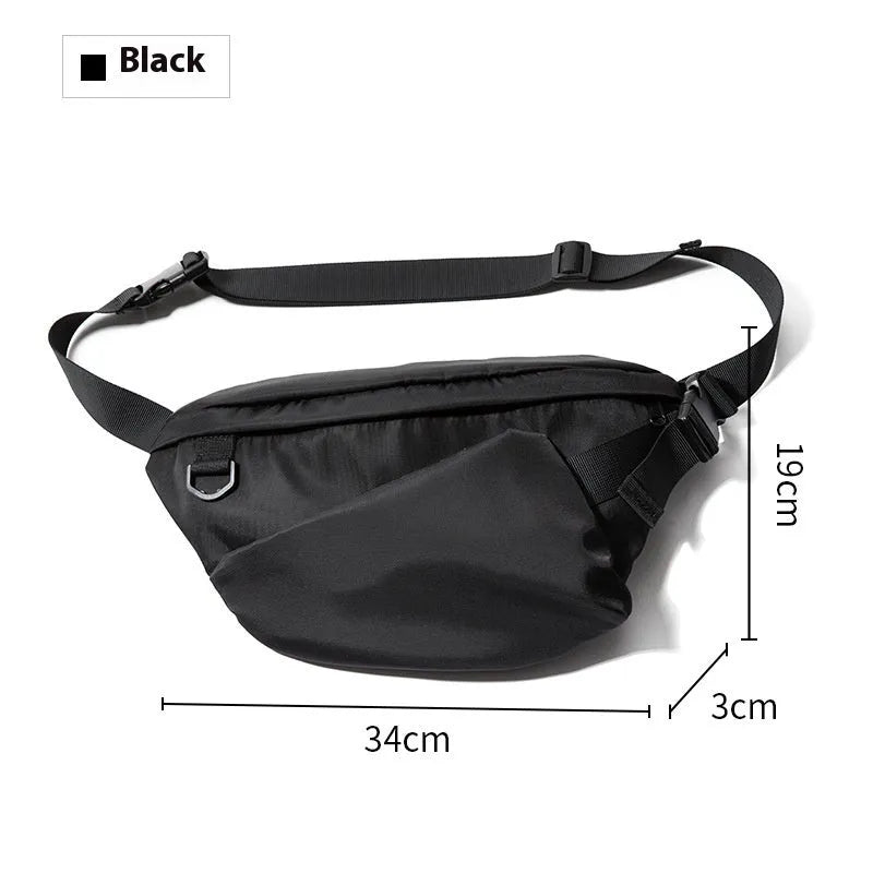 Black slanted chest bag made from Oxford fabric with sewing line details