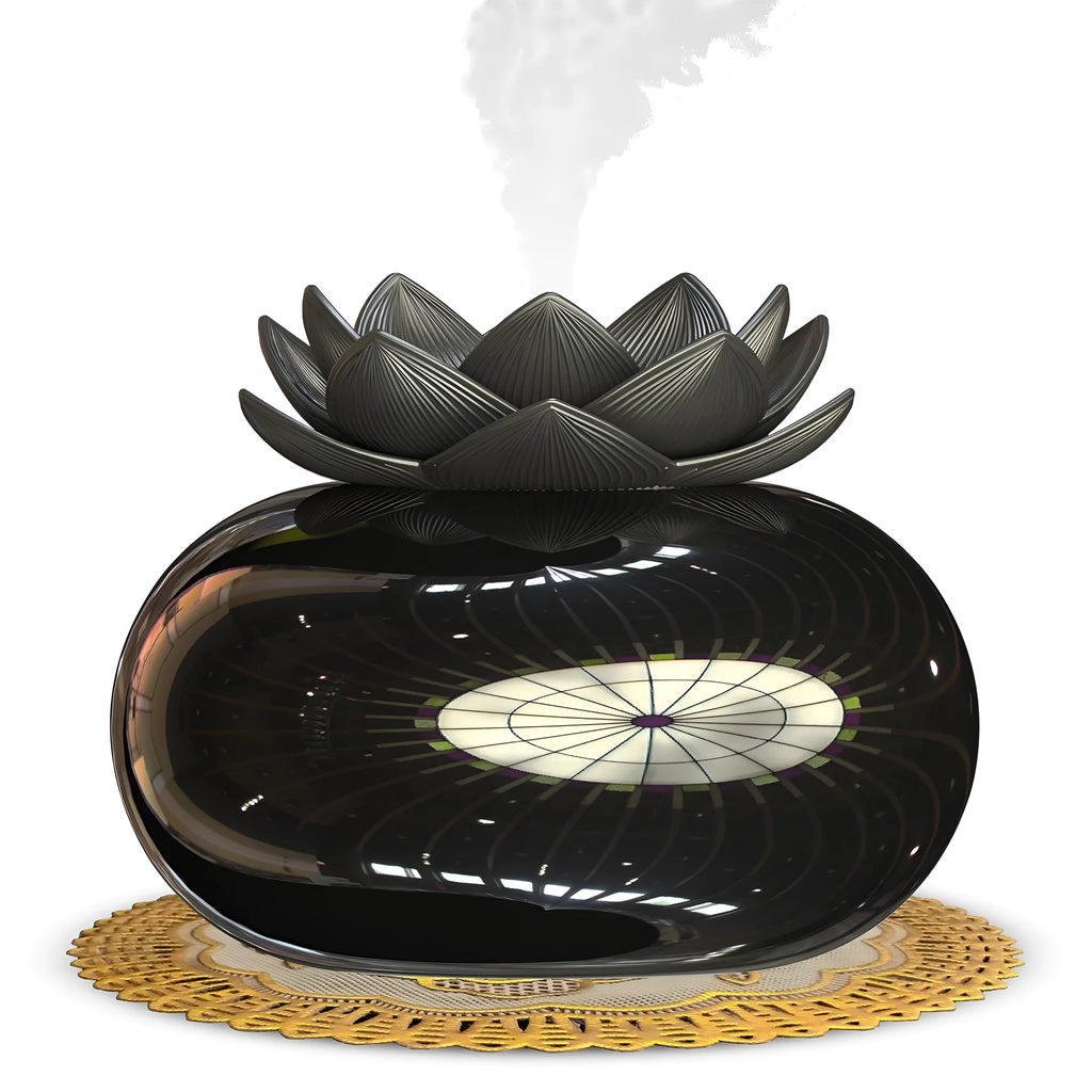 Pure black lotus-shaped USB humidifier with single fog outlet on round base
