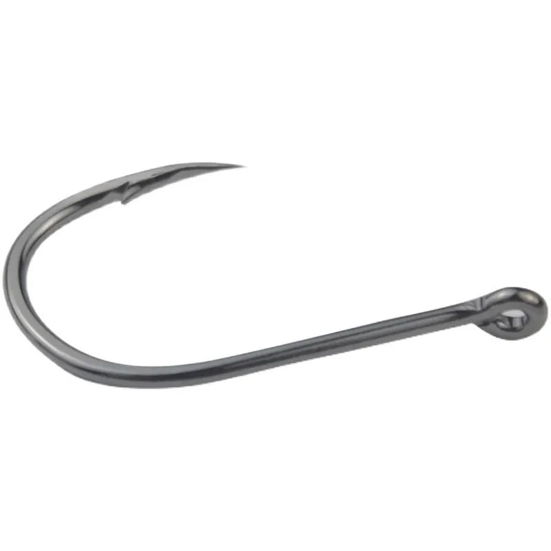 Bulk pack of alloy carbon steel barbed fishing hooks with crooked mouth and hole ring for rock and sea fishing.