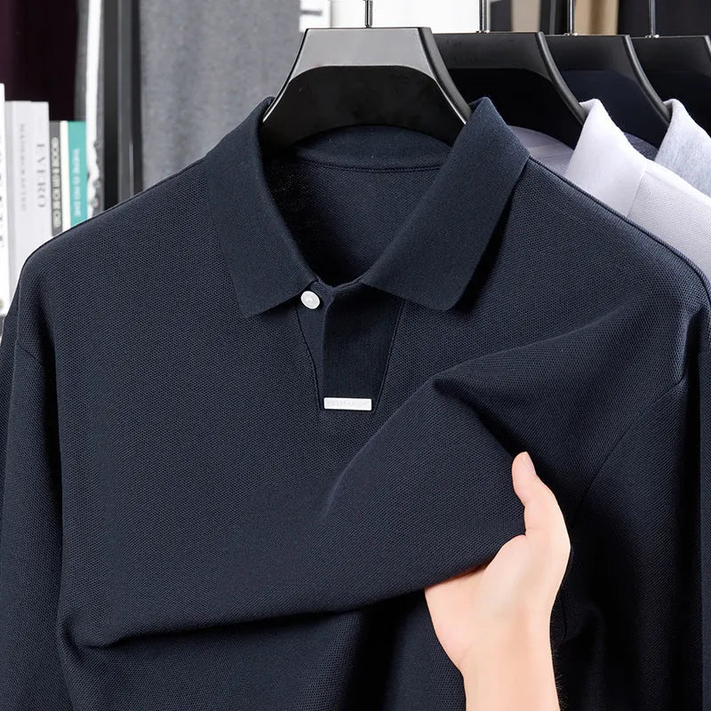 Men's grey asymmetric lapel cotton polo shirt in a loose fit.