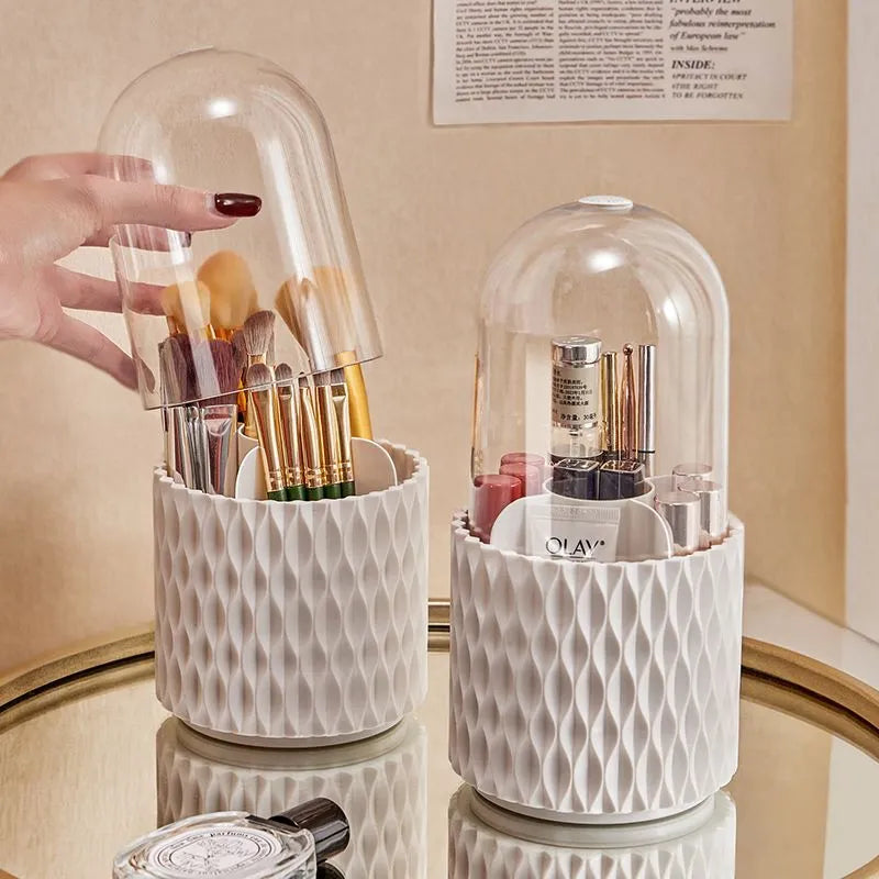 White transparent acrylic makeup brush storage box with rotating base and dustproof lid