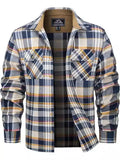Man wearing a casual orange and black plaid flannel button-down shirt with long sleeves.
