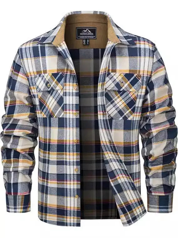 Man wearing a casual orange and black plaid flannel button-down shirt with long sleeves.