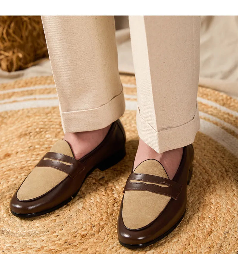 Coffee grey suede loafers with one-kick closure and rubber sole