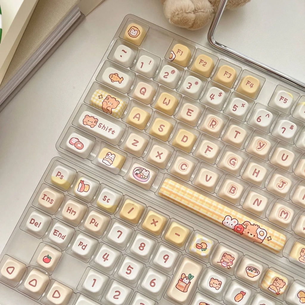 Rabbit Bear Restaurant themed mechanical keyboard keycaps with EOA height profile in PBT plastic, 140-piece set