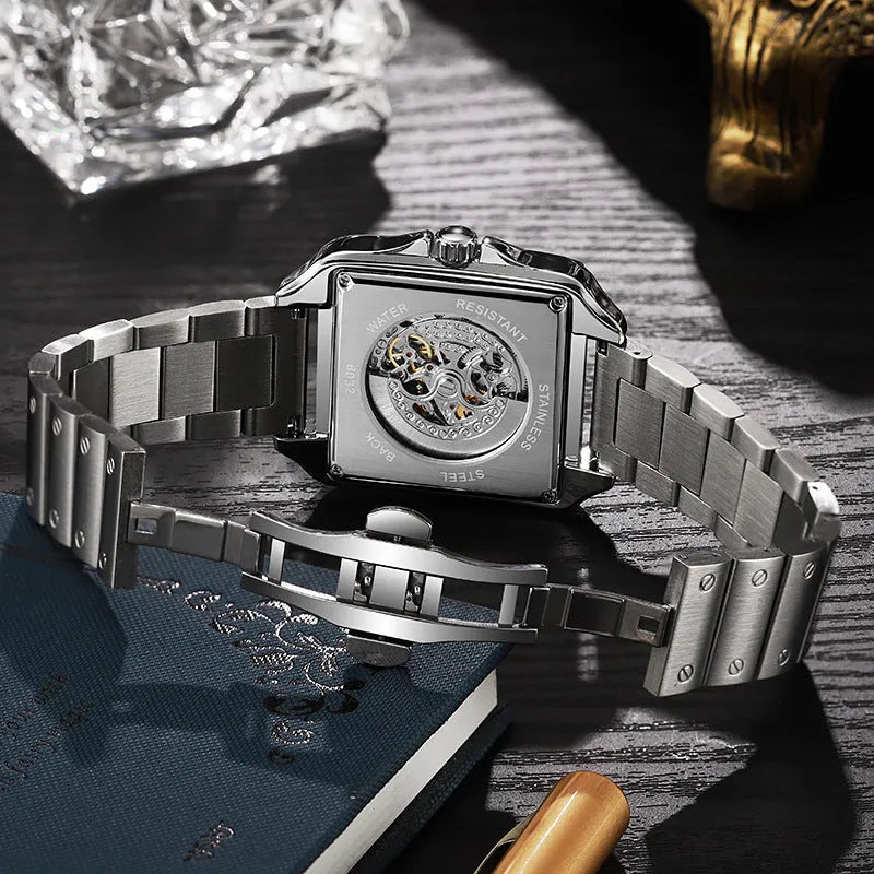 Men's square automatic watch with diamond detailing on stainless steel or leather strap