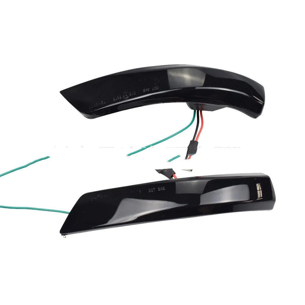 Pair of rearview mirror waterfall lights for Ford Focus and Mondeo showing sequential flow effect in yellow or two-tone blue.