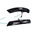 Pair of rearview mirror waterfall lights for Ford Focus and Mondeo showing sequential flow effect in yellow or two-tone blue.