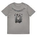 A loose-fit cotton short-sleeve T-shirt with a round neck, shown in grey, khaki, pink, or purple.