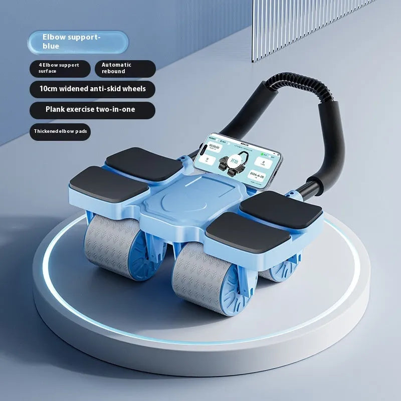 Automatic rebound abdominal wheel with four wheels in blue colour on a floor mat.