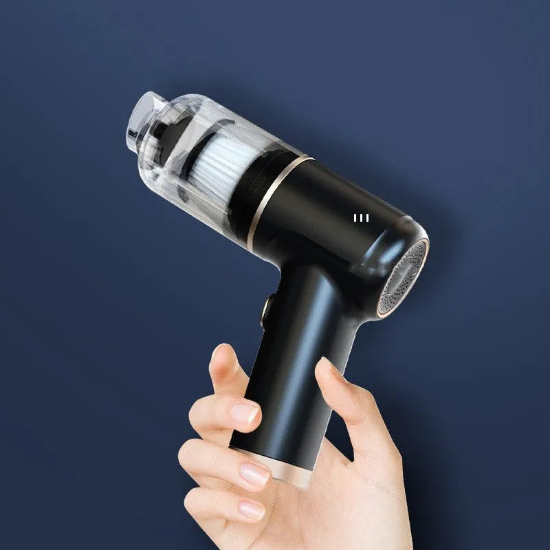 Black wireless handheld vacuum cleaner with multiple attachment nozzles for car and home cleaning
